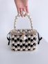 Hollow Out Box Bag Faux Pearl Decor Top Handle With Drawstring Inner Pouch