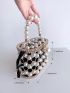 Hollow Out Box Bag Faux Pearl Decor Top Handle With Drawstring Inner Pouch