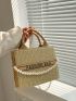 Letter Pattern Straw Bag Faux Pearl Decor Chain Strap For Vacation