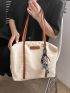 Oversized Shopper Bag With Bag Charm Letter Patch Decor Zipper Nylon