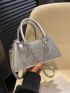 Small Baguette Bag Metallic Silver Funky Crocodile Embossed Chain PU