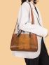 3pcs Bag Set Large Tote Bag With Scarf Elegant Brown Crocodile Print, Best Work Bag For Women