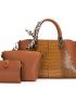 3pcs Bag Set Large Tote Bag With Scarf Elegant Brown Crocodile Print, Best Work Bag For Women