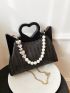 Faux Pearl Decor Straw Bag Top Handle