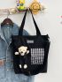 Letter Patch Plaid Detail Shopper Bag Cartoon Bear Decor