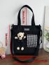 Letter Patch Plaid Detail Shopper Bag Cartoon Bear Decor