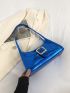 Geometric Embossed Baguette Bag Metallic Blue Buckle Decor Funky