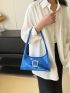 Geometric Embossed Baguette Bag Metallic Blue Buckle Decor Funky