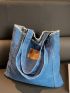 Large Shopper Bag Letter Patch Decor Raw Hem Detail Denim Bag