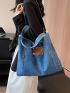 Large Shopper Bag Letter Patch Decor Raw Hem Detail Denim Bag