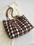 Geometric Pattern Shoulder Tote Bag Letter Patch Decor