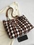 Geometric Pattern Shoulder Tote Bag Letter Patch Decor