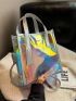 Small Square Bag Double Handle Holographic Pattern, Clear Bag