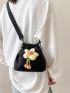 Flower Decor Bucket Bag Mini Black Canvas