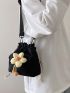 Flower Decor Bucket Bag Mini Black Canvas