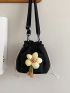 Flower Decor Bucket Bag Mini Black Canvas