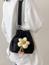 Flower Decor Bucket Bag Mini Black Canvas