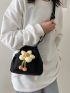 Flower Decor Bucket Bag Mini Black Canvas