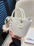 White Bucket Bag Fashionable Braided Textured Studded Decor Double Handle PU