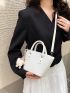 White Bucket Bag Fashionable Braided Textured Studded Decor Double Handle PU