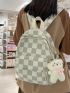 Medium Fashion Backpack Plaid Pattern With Cartoon Decor