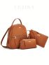 3pcs Bag Set Classic Backpack Satchel Wristlet Bag Embossed Detail Metal Decor Minimalist