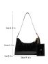 Crocodile Embossed Baguette Bag With Coin Purse Black