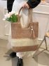 Large Straw Bag Colorblock Tassel Decor Double Handle For Vacation