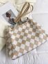 Medium Shoulder Tote Bag Argyle Pattern Double Handle