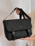 Letter Patch Messenger Bag Black Buckle Decor Flap For Work