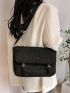 Letter Patch Messenger Bag Black Buckle Decor Flap For Work