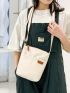 Mini Letter Patch Square Bag Beige Pocket Front Adjustable Strap For Daily