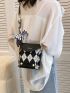 Mini Square Bag Fashionable Argyle & Letter Graphic Twilly Scarf & Studded Decor Flap PU