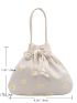 Polyester Bucket Bag Flower Embroidered Drawstring Faux Pearl Decor