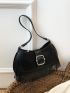 PU Hobo Bag Buckle & Fringe Decor Black