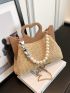 Kiss Lock Straw Bag Heart & Faux Pearl Decor