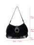 PU Hobo Bag Buckle & Fringe Decor Black