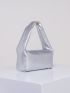 PU Square Bag Zipper Embossed Detail Top-Handle Silver