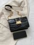 PU Square Bag Crocodile Embossed Flap Black