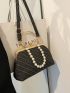 Small Satchel Bag Braided Pattern Faux Pearl Decor