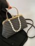 Small Satchel Bag Braided Pattern Faux Pearl Decor