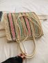 Oversized Straw Bag Stripe Pattern Vacation Style