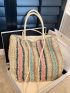 Oversized Straw Bag Stripe Pattern Vacation Style