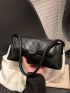 Embossed Detail Flap Baguette Bag Solid Black Elegant