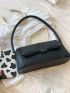 Embossed Detail Flap Baguette Bag Solid Black Elegant