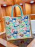 Cartoon Graphic Shopper Bag Small Double Handle Linen