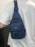 Letter Patch Sling Bag Navy Blue Adjustable Strap For Daily