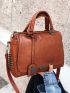 Medium Boston Bag Brown Studded Decor Double Handle For Daily