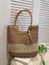 Large Straw Bag Colorblock Tassel Decor Double Handle For Vacation