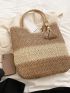 Large Straw Bag Colorblock Tassel Decor Double Handle For Vacation